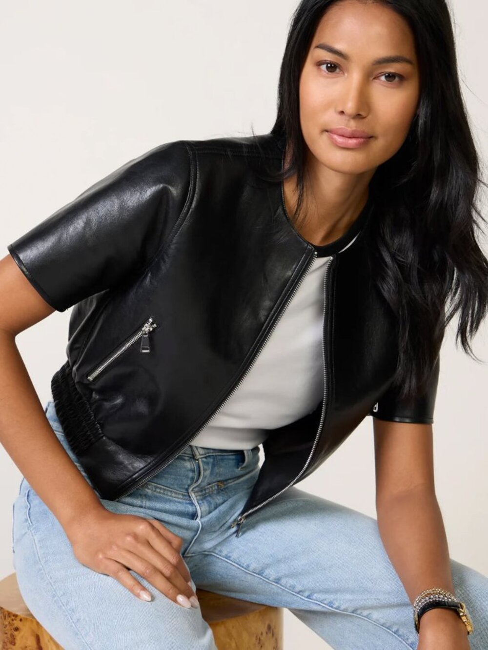 EVEREVE Billie Leather Bomber Black Short Sleeve Jacket S NWOT and SOLD OUT